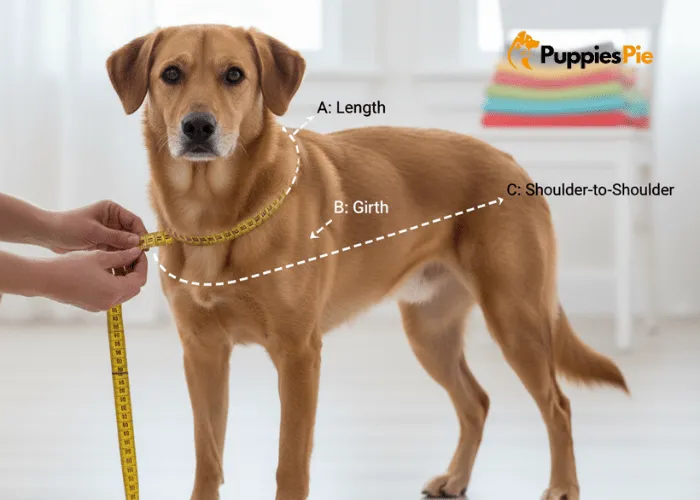 No-Sew DIY: Turn Old Towels into a Perfect Dog Bath Robe 2 Dog sizing guide showing how to measure length from neck to tail, chest girth behind the front legs, and shoulder width across the back.