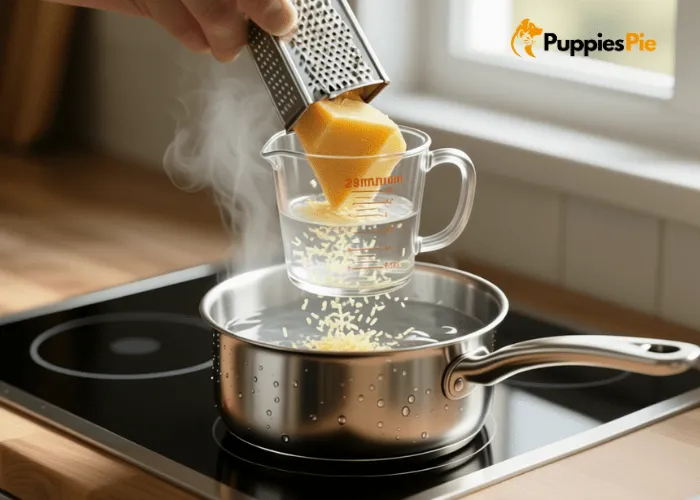 Dog Paw Balm DIY: A Safe & Edible Recipe 2 Grated beeswax on a wooden board, prepared for faster melting when making homemade dog paw balm.