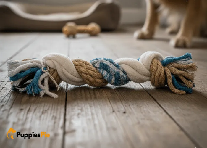 Recycled Jeans Dog Toy: A DIY Craft 10 Braided dog toy made from denim and fleece strips, offering mixed textures for fun and comfortable chewing.