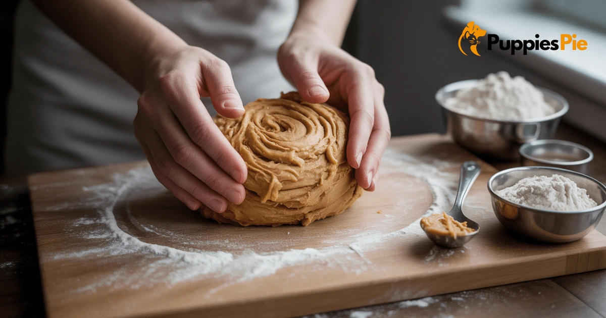 A close-up of hands gently kneading a dog biscuit dough on a floured surface, with a small bowl of water and a sprinkle of flour nearby, illustrating the process of adjusting dough consistency.