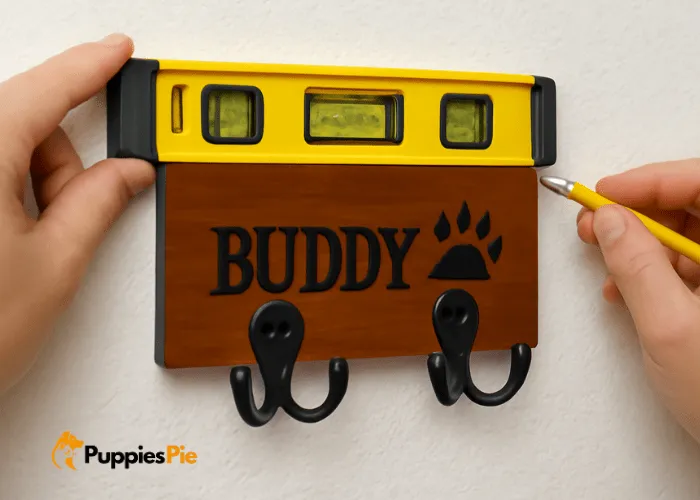 Person using a level to align and mount a wooden dog leash holder on the wall with screws and drywall anchors for secure installation.