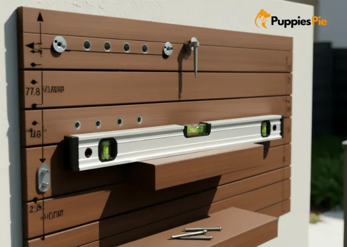 Create a Dog Walking Station at Home 5 Person using a level to align and mount a wooden dog walking station on the wall with screws and wall anchors for stability.
