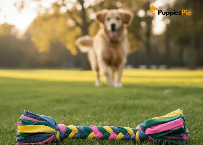 A vibrant, multi colored dog toy made from braided strips of various fabrics, including denim and fleece, showcasing a rich mix of textures and hues.