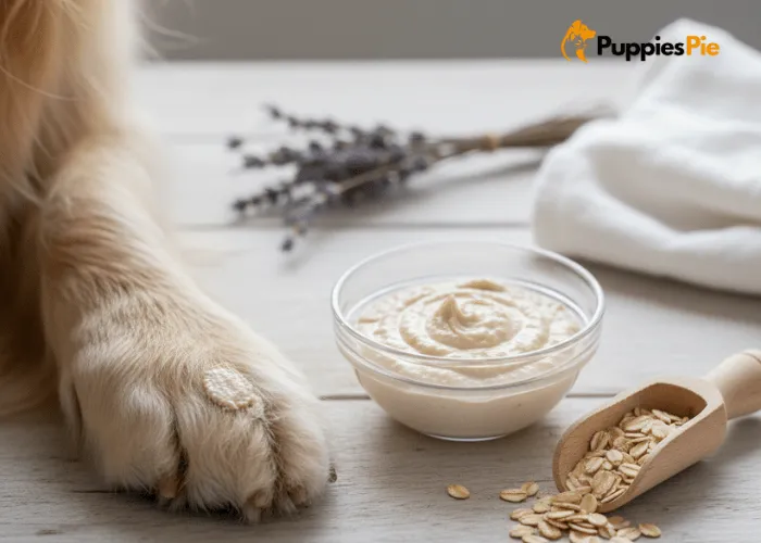 Bowl of ground oatmeal used in natural dog shampoo to soothe itchy, irritated skin and provide a calming effect.