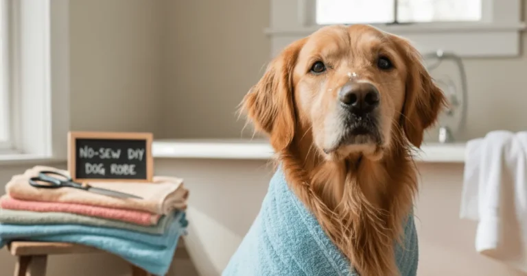 A homemade no-sew dog bathrobe made from a repurposed towel, wrapped comfortably around a clean, wet dog.