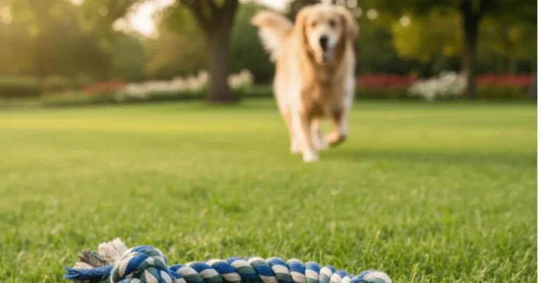A small, adorable golden retriever puppy happily holds a colorful braided tug toy made from old t-shirt fabric, with another finished toy, scissors, and fabric scraps visible in the background on a wooden floor.