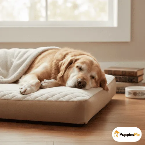 Make a DIY No-Sew Dog Bed from a Pillow 18 A mature Golden Retriever is peacefully sleeping, curled up on a square, quilted, beige dog bed, partially covered with a cream-colored blanket. The bed is on a wooden floor in front of a window, with a stack of antique books and a ceramic dog bowl visible in the background.