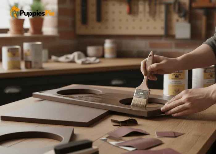 Applying pet-safe wood stain or paint followed by a waterproof sealer in thin coats to protect the feeding station from water spills.