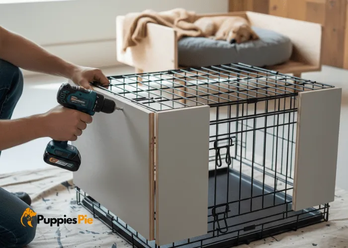 DIY Dog Crate Makeover on a Budget 18 Person attaching painted wooden panels to the sides of a wire dog crate with screws, turning it into a stylish furniture-style piece.