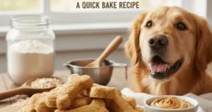 Puppies Pie 15 Golden retriever with homemade peanut butter dog bone biscuits and ingredients on a wooden table