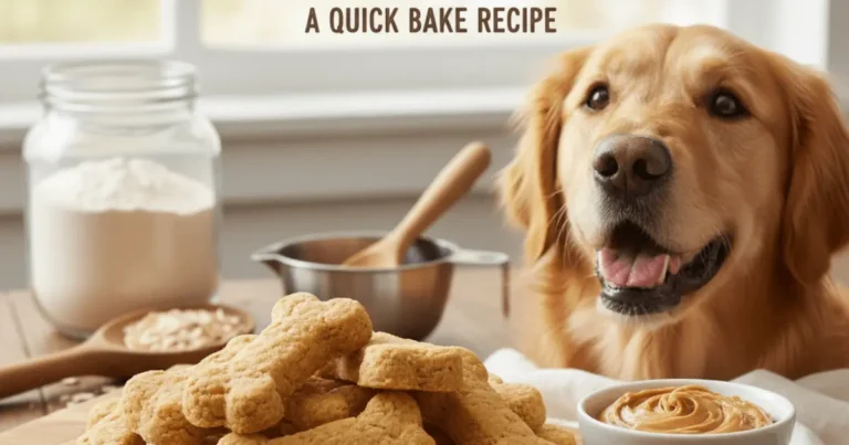 Golden retriever with homemade peanut butter dog bone biscuits and ingredients on a wooden table