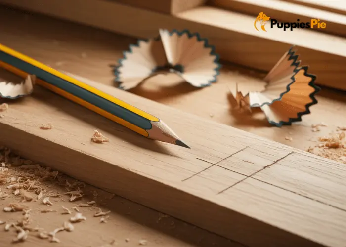 A sharp pencil resting on a piece of wood, leaving a faint mark, symbolizing its role in precise measurement and cutting.