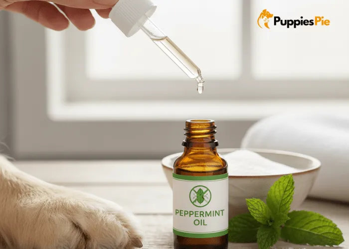 Bottle of peppermint essential oil used in natural dog shampoo to soothe itchy skin and naturally repel insects.