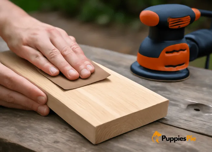 Person sanding a cut wooden board to smooth the surface and edges while preparing materials for a DIY dog leash holder.