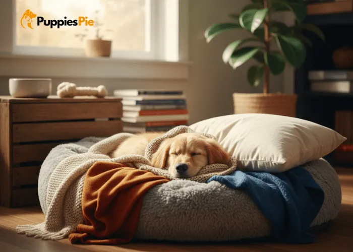 DIY Dog Crate Makeover on a Budget 6 A soft, plush dog bed with a couple of folded, cozy blankets stacked on top, inviting and comfortable, ready to be placed inside a dog crate.