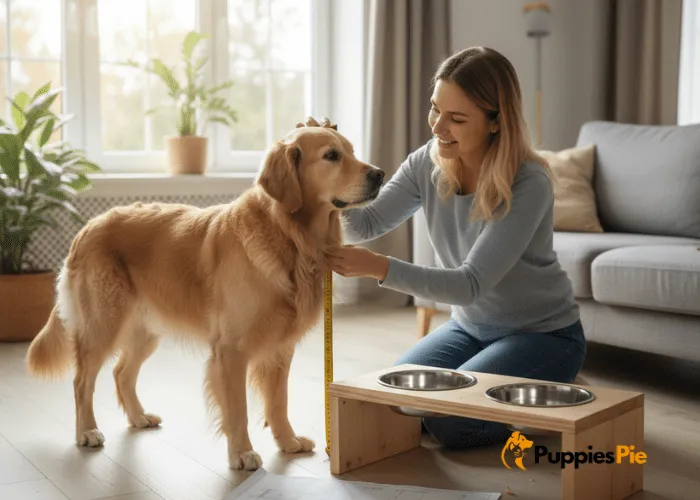 Measuring a dog’s height from floor to shoulders to determine the correct bowl height for a feeding station, ensuring the bowls are at chest level for comfortable eating.