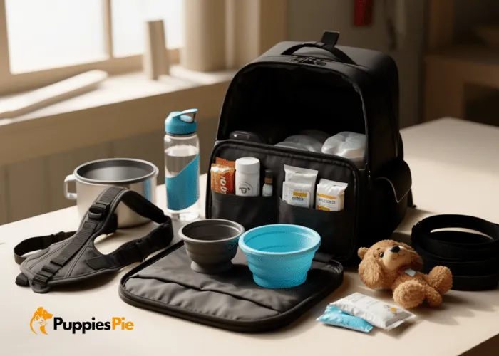 Dog travel essentials like food, water bottle, bowls, leash, and toys laid out beside an open backpack, organized by compartment for packing.
