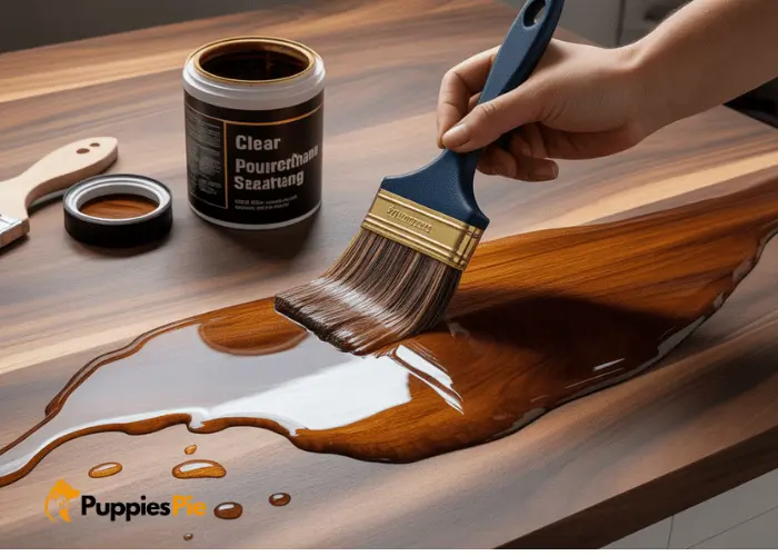 Polyurethane or wood sealer providing a waterproof finish to protect the wood from water spills and damage.