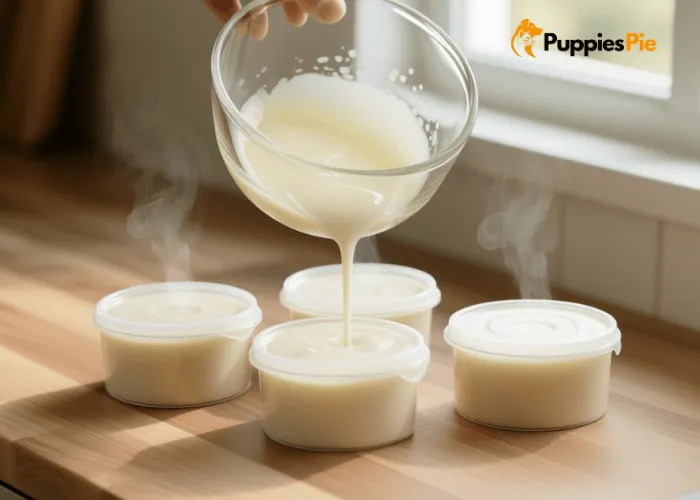 Dog Paw Balm DIY: A Safe & Edible Recipe 4 Warm, melted dog paw balm being poured into small storage tins, filling them to the top before the mixture solidifies