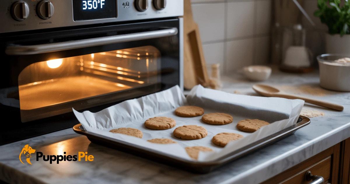 An oven door slightly ajar with a glowing interior, and a baking sheet perfectly lined with parchment paper on a nearby counter, setting the scene for baking.