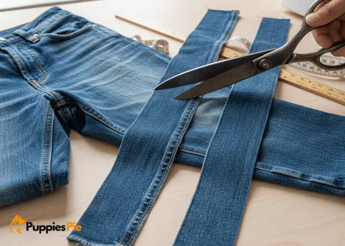 Recycled Jeans Dog Toy: A DIY Craft 4 Hands cutting old denim jeans into long fabric strips on a flat surface to prepare material for a DIY braided dog toy.