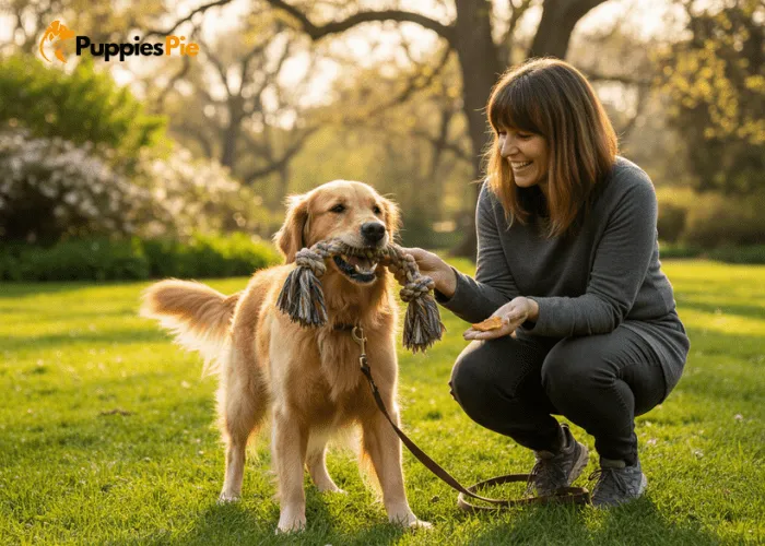 A dog happily dropping a tug-of-war toy at its owner's feet, looking up expectantly for a treat, demonstrating positive reinforcement during playtime.