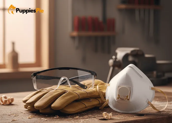 A neatly arranged set of safety gear safety glasses, work gloves, and a dust mask—on a workbench, underscoring the importance of protection during DIY projects.