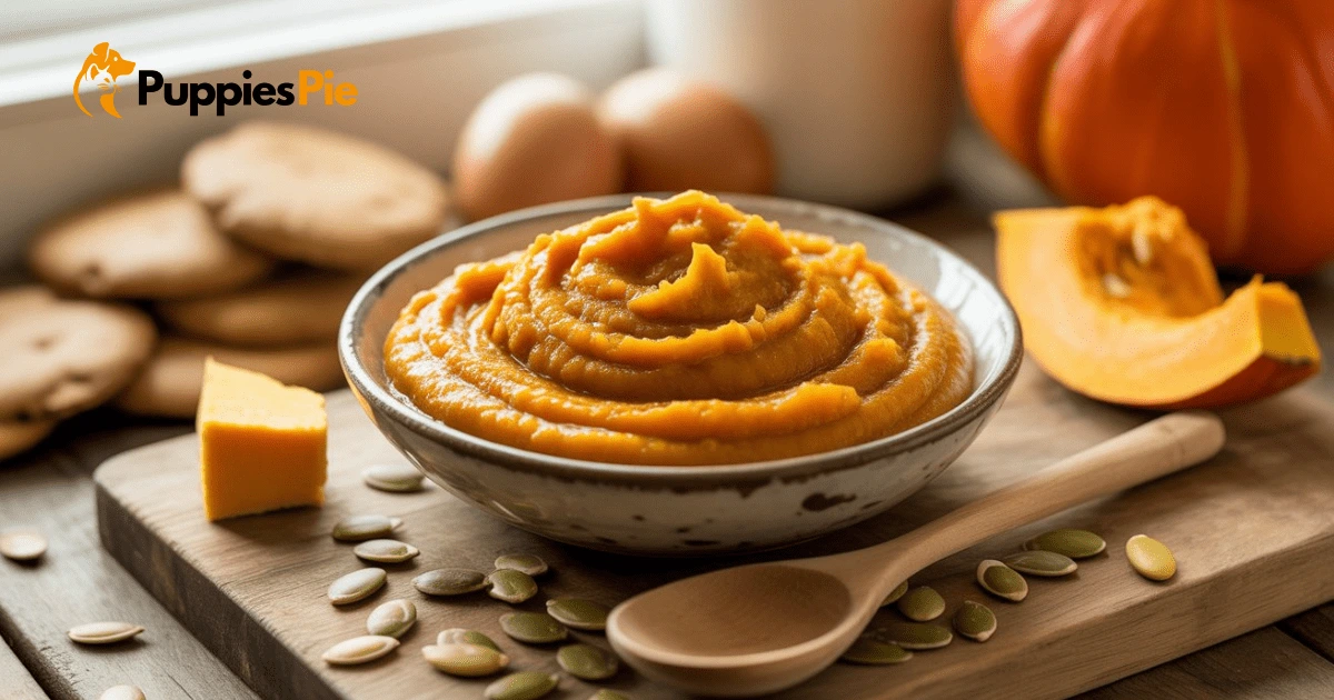 A spoonful of pumpkin purée being scooped from a can or bowl, highlighting its digestive and fiber benefits for dogs.