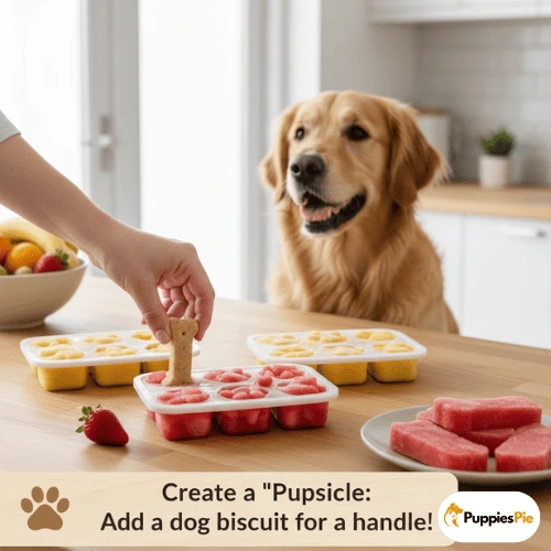 A Golden Retriever sits at a kitchen counter, happily watching a person placing a small, bone-shaped dog biscuit into a cavity of a red, paw-print silicone mold filled with a frozen red purée (likely watermelon or strawberry). Two other molds filled with yellow purée (likely banana or mango) are visible, along with a bowl of fruit, a fresh strawberry, and slices of watermelon on a plate. A banner at the bottom reads, "Create a 'Pupsicle: Add a dog biscuit for a handle!"