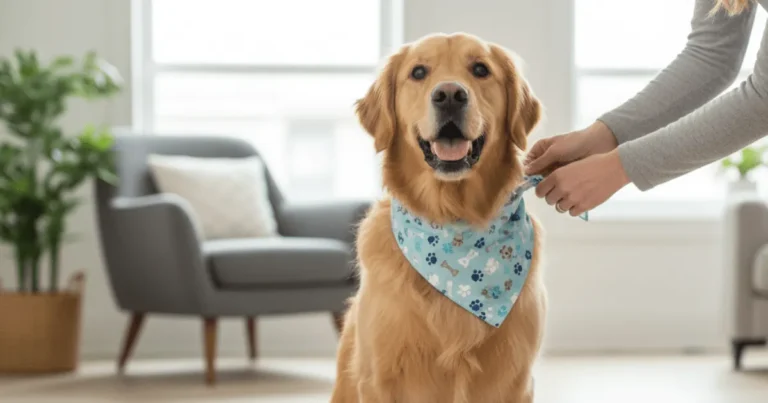 A no-sew handmade dog bandana being tied around a happy dog’s neck, made from a simple folded fabric square.