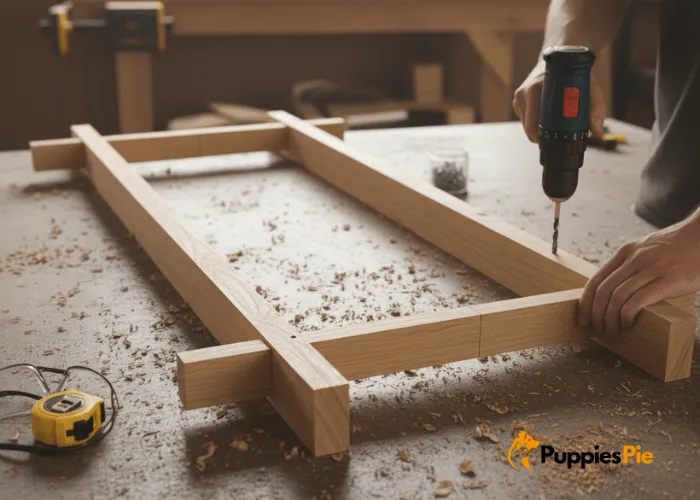 Build a Dog Ramp for Sofa/Bed 2 Assembling a dog ramp frame with wooden side panels and cross-braces secured using screws and a power drill.