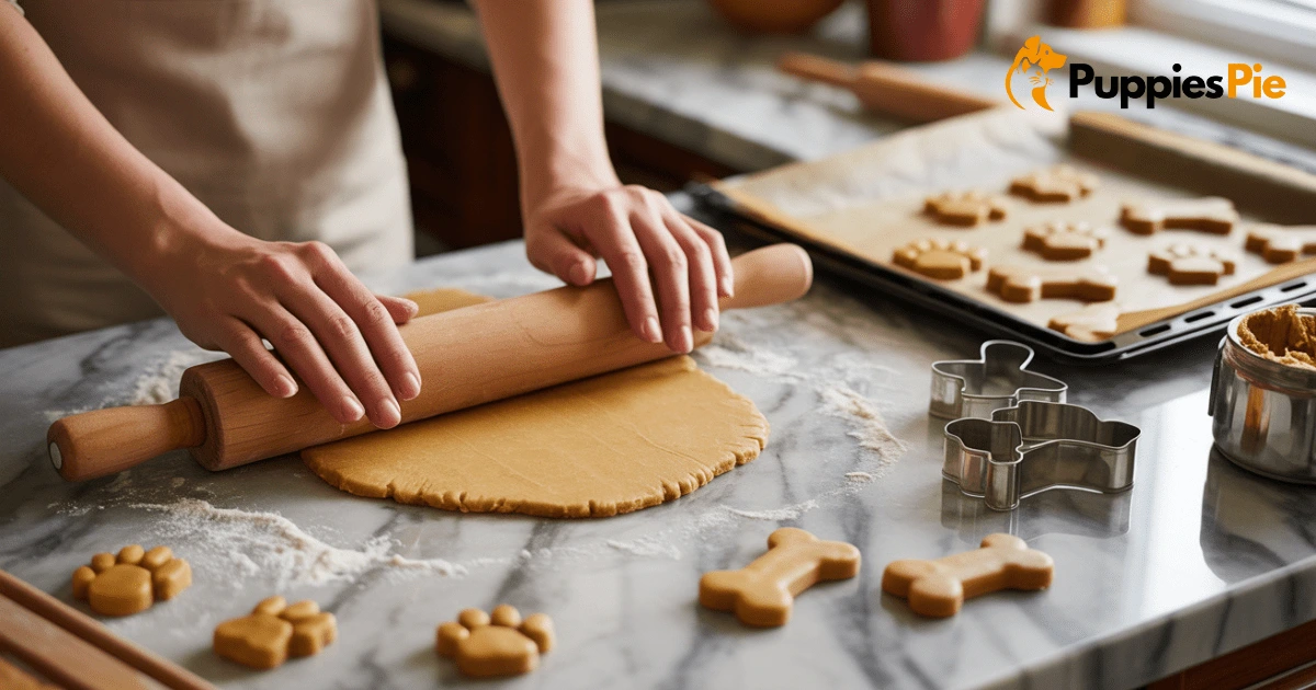 A close-up of a rolling pin flattening dough on a floured surface, with various bone and paw-shaped cookie cutters creating biscuit shapes, and cutouts neatly arranged on a parchment-lined baking sheet.