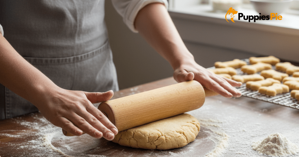 Hands using a wooden rolling pin to evenly flatten dough on a lightly floured wooden surface, ready for cutting.