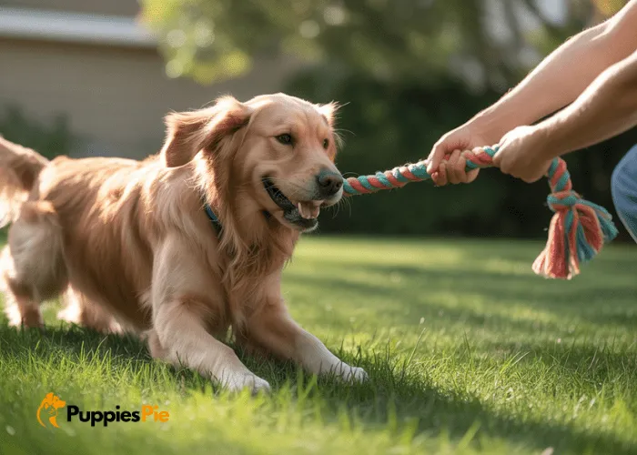 A dog and its owner engaged in a spirited game of tug-of-war, both looking happy and focused on the homemade toy.