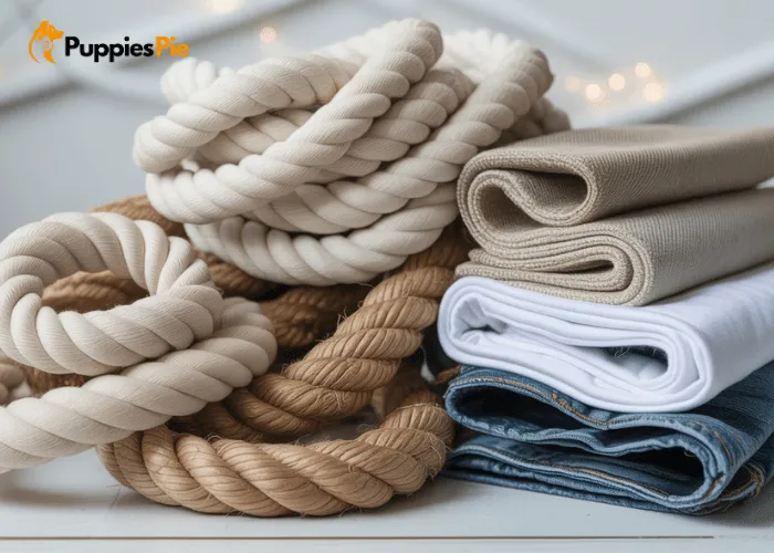 A close-up shot showing a variety of natural fiber materials suitable for making dog toys, including cotton rope, hemp rope, and various fabric scraps like denim and old t-shirts.