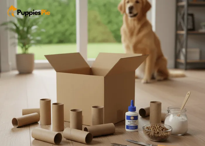DIY dog puzzle feeder supplies including a cardboard box, cardboard tubes, scissors, optional non-toxic glue, and small dog treats.