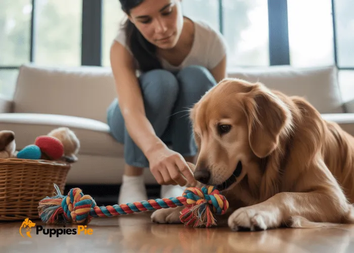 A happy dog in mid play, tugging on a homemade braided toy with its owner, both looking engaged and joyful, emphasizing supervised play.