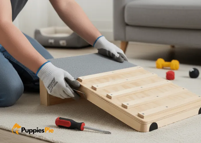 Build a Dog Ramp for Sofa/Bed 5 Inspecting and sanding the dog ramp edges, checking screws, and adding non-slip pads for safety.