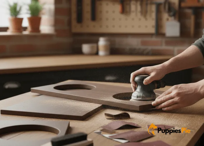 Sanding all wooden pieces before assembly, focusing on edges and bowl cutouts to remove splinters and create a smooth, professional finish.