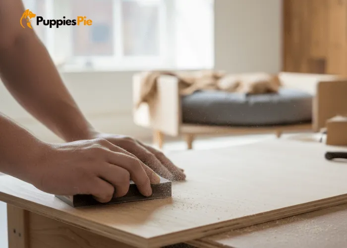 DIY Dog Crate Makeover on a Budget 10 A piece of sandpaper being used to smooth the rough edges of a wooden board.