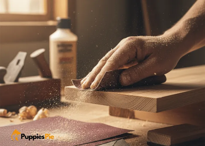 Sandpaper used to smooth rough surfaces and edges of the wood for a clean, even finish.