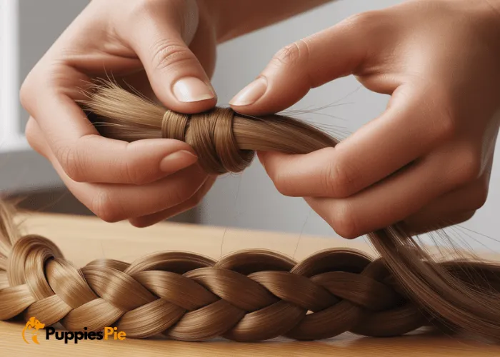 A close-up shot of hands tying a very tight double knot at the end of a colorful braided fabric dog toy, ensuring its durability.