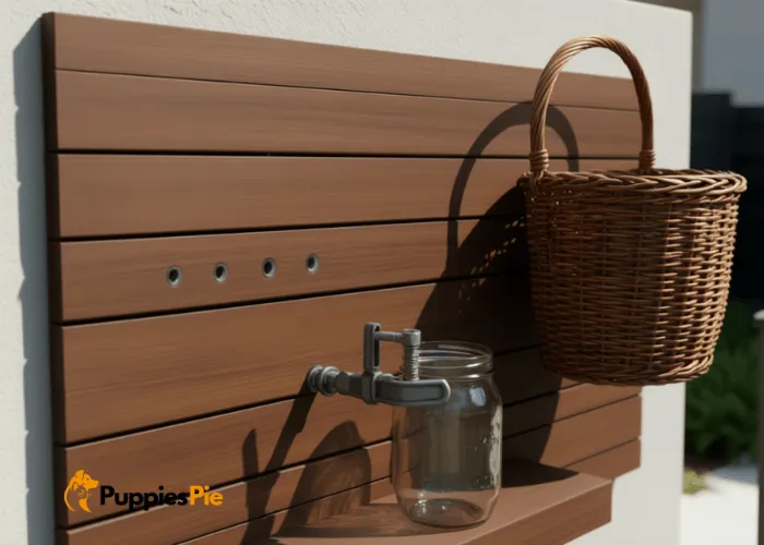 Create a Dog Walking Station at Home 4 Attaching a basket and glass jar to a wooden plank using hooks and clamps for organizing a DIY dog walking station.