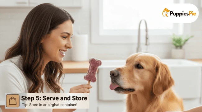 A smiling person is holding a bone-shaped, purple frozen dog treat on a stick out to a Golden Retriever who is looking eagerly at the treat with its tongue slightly out. The scene is indoors in a bright kitchen. A banner in the bottom left corner reads, "Step 5: Serve and Store. Tip: Store in an airtight container!"