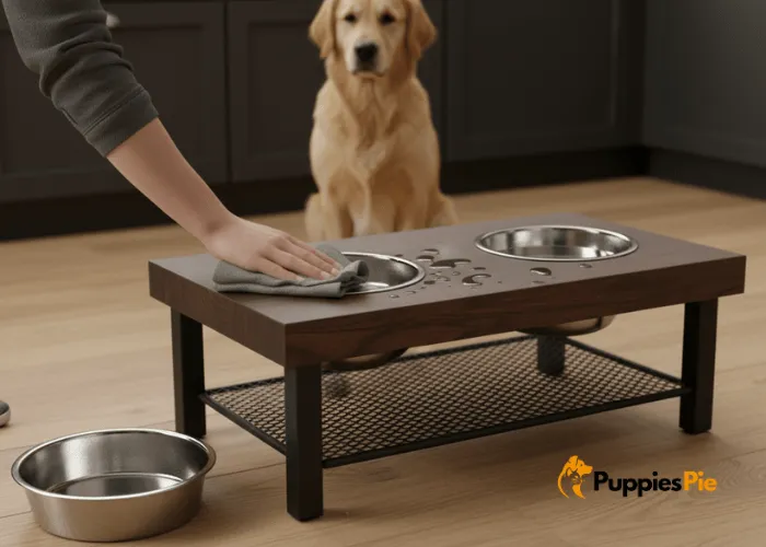 A hand wiping a spill from a sleek, elevated dog feeding station with removable stainless steel bowls, emphasizing easy cleanup and hygiene.
