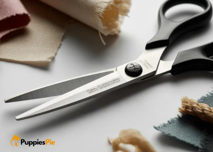 A pair of sharp, heavy-duty scissors resting on a pile of colorful fabric strips, ready for crafting a dog toy.