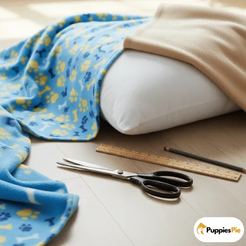 Make a DIY No-Sew Dog Bed from a Pillow 3 A close-up view of a DIY dog bed setup on a light wooden floor, featuring a large white pillow partially covered by two blankets: a blue fleece with yellow paw prints and bone designs, and a solid tan fleece. A pair of black-handled scissors, a wooden ruler, and a pencil are laid out in the foreground.