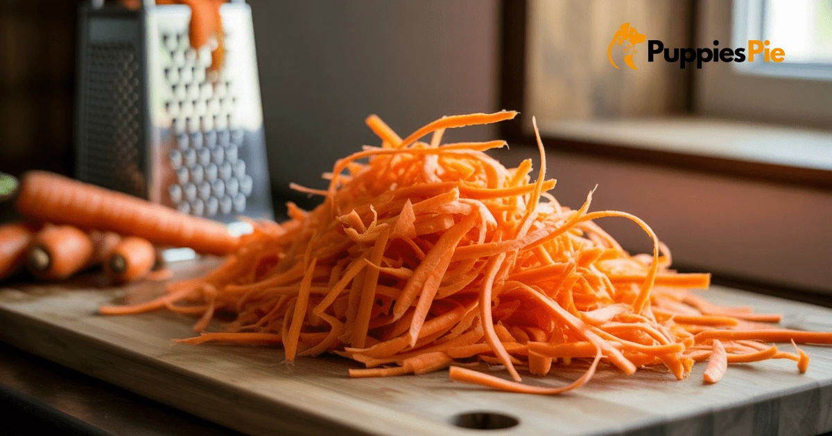 A pile of vibrant shredded carrots, ready to be added to the mix, emphasizing their vitamin content and crunch for the dog biscuits.