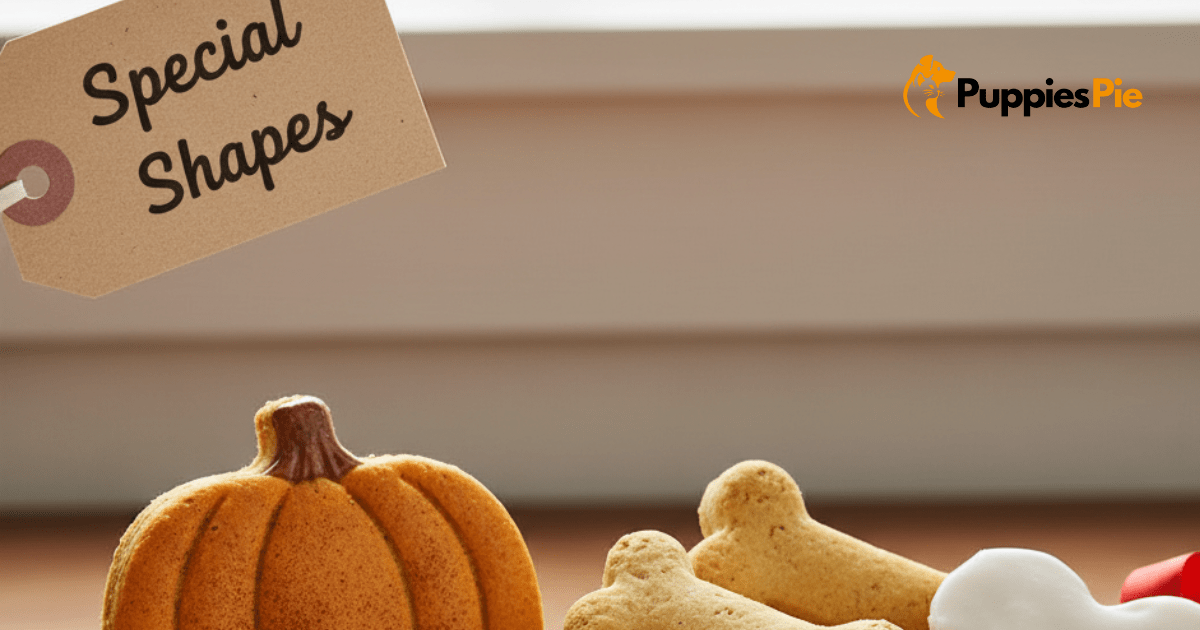 A delightful assortment of dog biscuits in various festive shapes—bone, pumpkin, and heart—arranged on a wooden board, showcasing versatility for different occasions.
