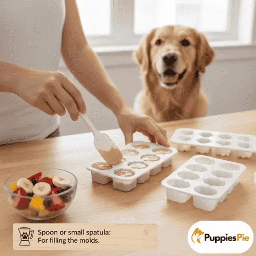 
A Golden Retriever sits behind a counter, happily watching as a person uses a small white spatula or spoon to evenly distribute a light brown puree into a white paw-print silicone mold. A bowl of sliced fruit and two other white molds are visible on the wooden counter. A text box in the bottom left corner reads: "Spoon or small spatula: For filling the molds."